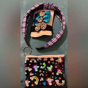 Plaid Headband and Unicorn Pouch Set
